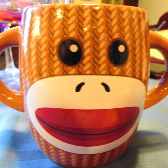 SOCK MONKEY DOUBLE HANDLE HOT CHOCOLATE MUG / COFFEE CUP - Picture 2 of 6